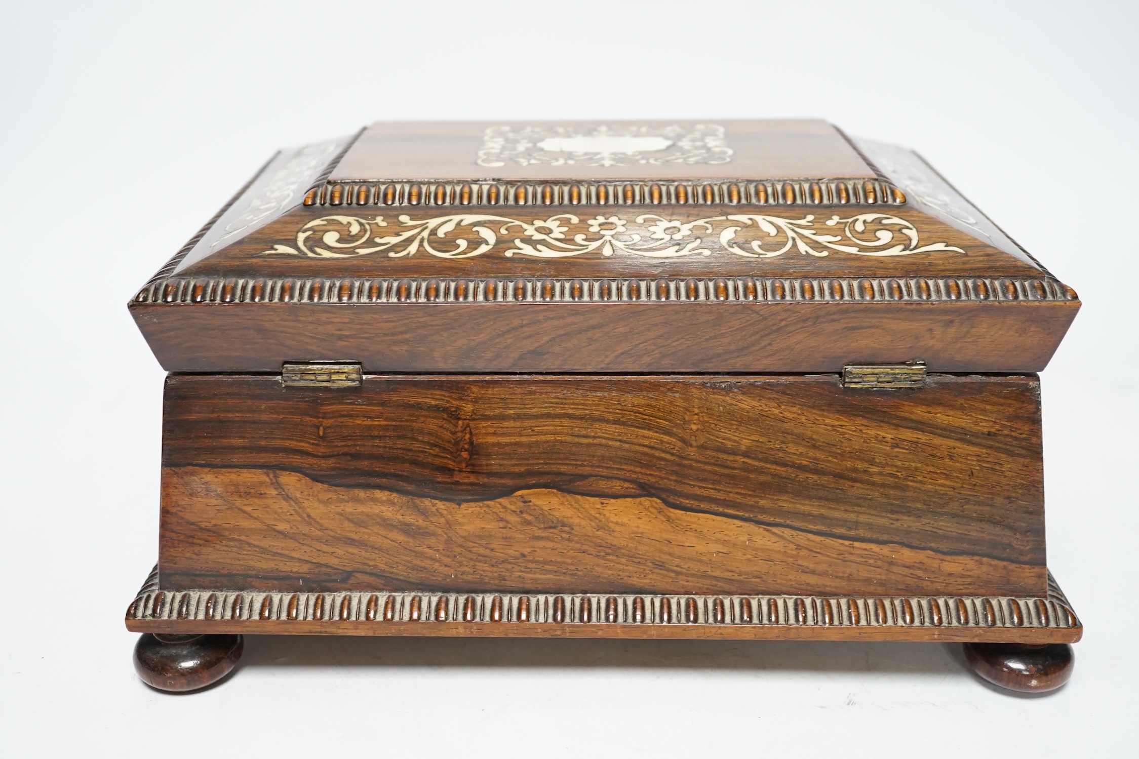 A William IV ivory inlaid rosewood work box, containing a fitted interior with lift out tray, 28.5cm wide, 22cm deep, 14.5cm high CITES Submission reference KBLFMJRS